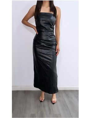 Sleek Black Faux Leather Strapless Maxi Dress